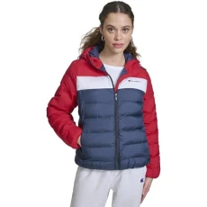 Women's Quilted Hooded Packable Puffer, Red/Navy Combo, S