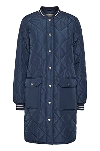Women's Quilted Jacket Long Sleeves Longline Without Hood, Midnight Navy, UK 18