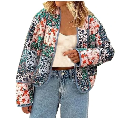 Women's Quilted Jackets Cropped Puffer Jacket Ladies Floral Print Ethnic Style Short Padded Coats Op