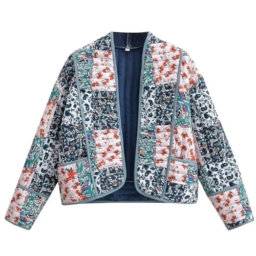 Womens Quilted Jackets Women’s Cropped Floral Quilted Jacket Cardigan Lightweight Boho Print Patchwork Coat Fall Winter/Spring Long Sleeve Lightweight Vintage Padded Jacket Outerwear (07-Green, S)