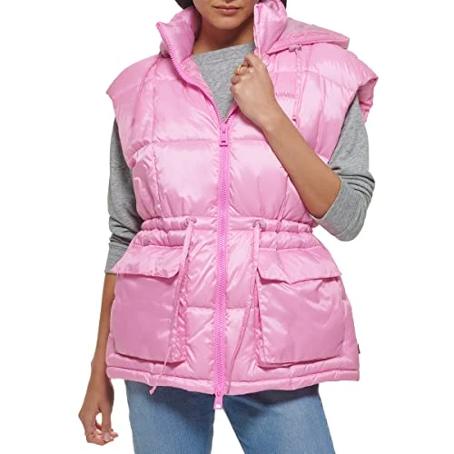 Women's Quilted Megan Hooded Puffer Jacket, Baby Pink Vest, M