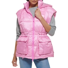 Women's Quilted Megan Hooded Puffer Jacket, Baby Pink Vest, M Women's Quilted Megan Hooded Puffer Jacket, Baby Pink Vest, M