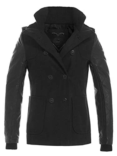 Women's Quilted PU Sleeve Wool Parka Coat, Khaki, Black, Sizes 8 to 16 (UK - 10, Black)