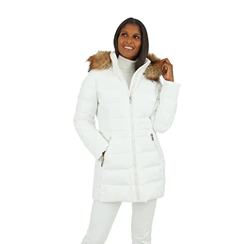 Women's Quilted Puffer Coat with Removeable Hood, White