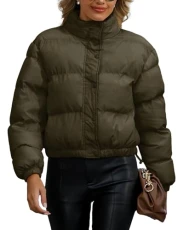 Women's Quilted Puffer Jacket Cropped Padded Jacket for Women UK Down Cotton Jacket Winter Crop Short Coat Overized Puffer Jacket Lightweight Stand Collar Zip Up Jacket Army Green M Warm Outwear