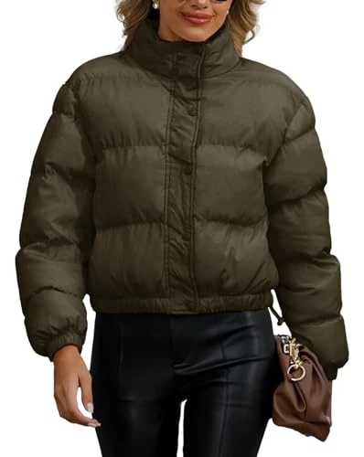 Women's Quilted Puffer Jacket Cropped Padded Jacket for Women UK Down Cotton Jacket Winter Crop Short Coat Overized Puffer Jacket Lightweight Stand Collar Zip Up Jacket Army Green M Warm Outwear