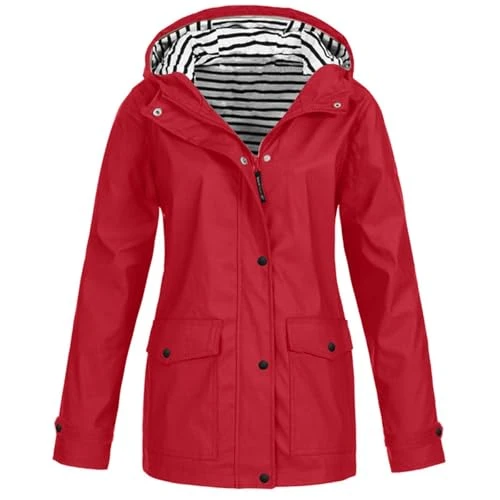 Women's Rain Jacket Waterproof Packaway Rain Jacket with Bag Full Length Zip and Adjustable Hood Outdoor Mountain Jacket and Coat with Hood lightweight Waterproof Jacket Womens(A1 Red,XXL)
