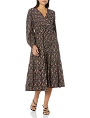 Women's Rayon 3/4 Sleeve Surplice Neck Midi Dress, Navy/Rust Leafy Bud Stamp, XL