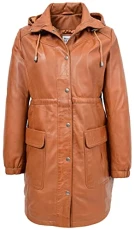 Womens Real Leather 3/4 Length Coat Detachable Hooded Duffle Kyra (14, Tan)