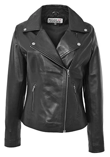 Womens Real Leather Biker Jacket Cross Zip Style Lola (16, Black)