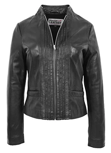 Womens Real Leather Biker Style Jacket Classic Standing Collar Ivy (16, Black)