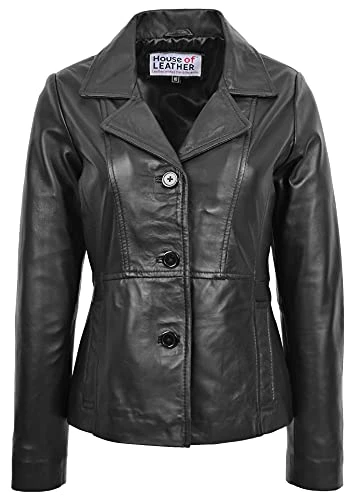 Womens Real Leather Blazer Classic Button Fastening Jacket Ruth (20, Black)