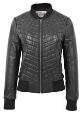 Womens Real Leather Bomber Jacket Quilted Varsity Style Sally (18, Black)