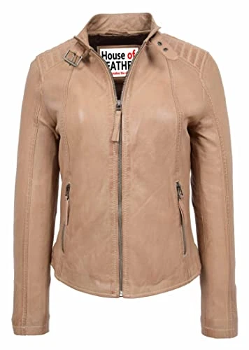 Womens Real Leather Classic Biker Style Jacket Sophia (20, Beige)