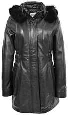 Womens Real Leather Coat Detachable Hoodie Parka Kathy (8, Black)