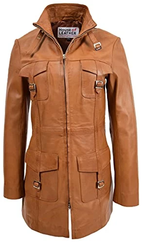 Womens Real Leather Coat Mid Length Dual Zip Fastening Kendall (14, Tan)