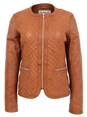 Womens Real Leather Collarless Jacket Quilted Design Joan (10, Tan) Womens Real Leather Collarless Jacket Quilted Design Joan (10, Tan)