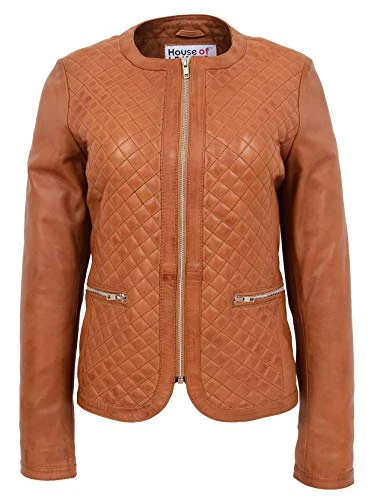 Womens Real Leather Collarless Jacket Quilted Design Joan (10, Tan)