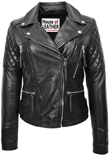 Womens Real Leather Cross Zip Biker Style Jacket Claudia (14, Black)