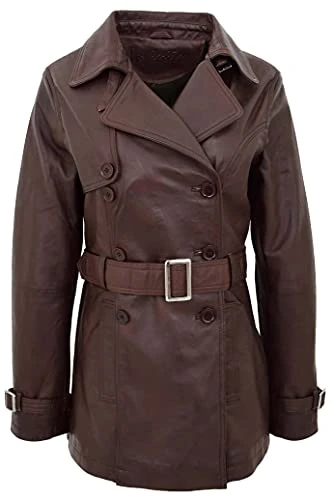 Womens Real Leather Double Breasted Mid Length Trench Coat Sienna (16, Brown)