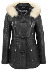 Womens Real Leather Duffle Coat Detachable Hoodie Parka Ariel (16, Black)