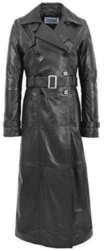 Womens Real Leather Full Length Coat Double Breasted Trench Style Sharon Black (16)