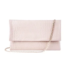 Womens Real Leather Hide Clutch Shoulder Bag Metal Chain Cross Body Textured - Cream One size