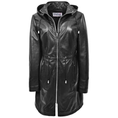 Womens Real Leather Hooded Parka Coat 3/4 Length Style Tyra Black 18