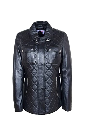 Womens Real Leather Modern Jacket Zip Pockets Quilted ZINA Black Sizes 10 12 14 16 18 20 (UK, Numeric, 22, Regular, Regular)