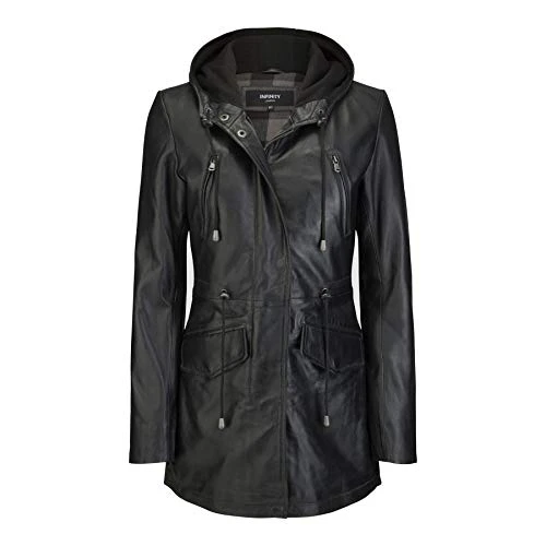 Womens Real Leather Parker Coat 3/4 Hooded Safari Duffle Jacket Black Soft - Black L