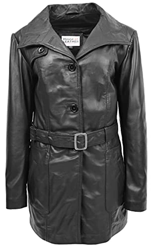 Womens Real Leather Trench Coat Belted Reefer Style Shania (14, Black)