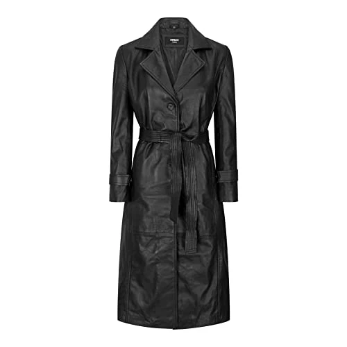 Womens Real Leather Trench Coat Mac Classic 3/4 Long Black 1980s Vintage Retro - Black L