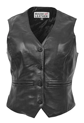 Womens Real Leather Waistcoat Button Fastening Traditional Style Rita (18, Black)