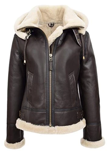 Womens Real Sheepskin B3 Hooded Jacket Aviator Pilot Style Naomi (10, Brown White)