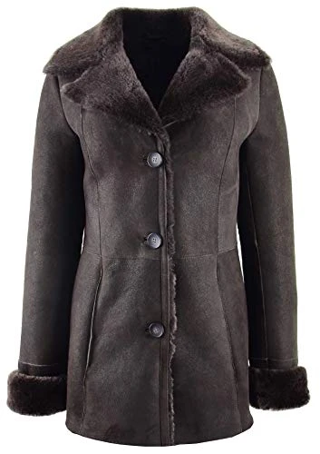 Womens Real Sheepskin Mac Coat Mid Length Classic Style Tammy Brown (18)