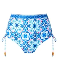 Women's Recycled Content Grecian Tile Border Print High Waisted Ruched Side Bikini Brief Bottoms, Blue Multi, 10