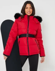 Women's Red Belted Padded Ski Jacket