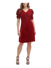 Womens Red Ruched Zippered Velvet Textured Pouf Sleeve V Neck Knee Length Party Sheath Dress UK Size: 18 Womens Red Ruched Zippered Velvet Textured Pouf Sleeve V Neck Knee Length Party Sheath Dress UK Size: 18