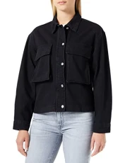 Women's Regular Basic Plain Denim Jacket Coat, Schwarz, One size