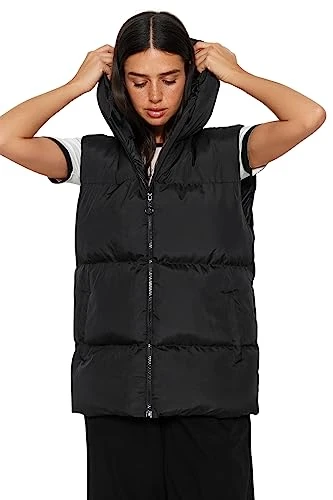 Women's Regular Fit Puffer Hooded Woven Vest Gilet, Black, XS