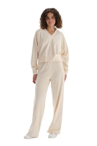 Women's Regular Waist Label Detailed Wide Leg Velvet Pants Pyjama Bottom, Ecru, S