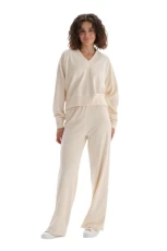 Women's Regular Waist Label Detailed Wide Leg Velvet Pants Pyjama Bottom, Ecru, S Women's Regular Waist Label Detailed Wide Leg Velvet Pants Pyjama Bottom, Ecru, S