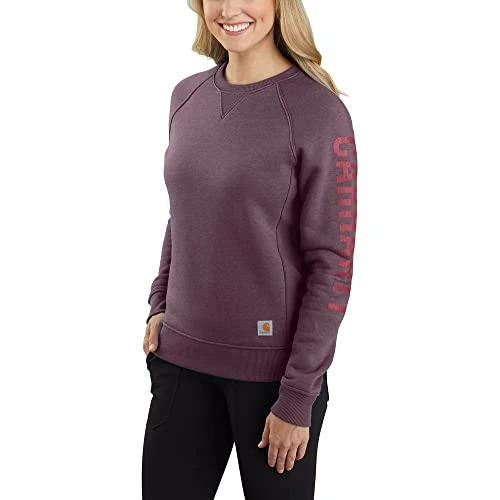 Women's Relaxed Fit Midweight Crew Neck Block Logo Sleeve Graphic Sweatshirt, Blackberry Heather, L