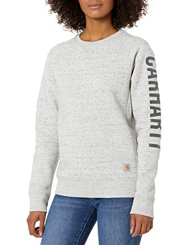 Women's Relaxed Fit Midweight Crewneck Block Logo Sleeve Graphic Sweatshirt, Asphalt Heather Nep, M