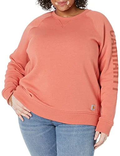 Women's Relaxed Fit Midweight Crewneck Block Logo Sleeve Graphic Sweatshirt (Plus Size), Earthen Clay Heather, 3X