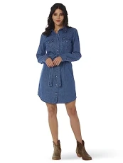 Women's Retro Long Sleeve Western Snap Dress Casual, Mid Denim, X-Large Women's Retro Long Sleeve Western Snap Dress Casual, Mid Denim, X-Large