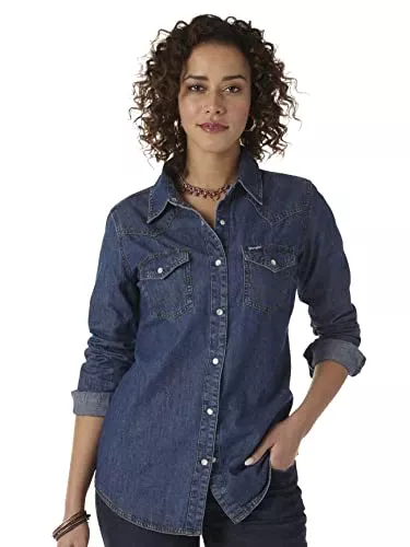 Women's Retro Long Sleeve Western Snap Shirt, Dark Denim, XL