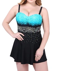 Women's Retro Plus Size Floral Pin UP Ruched Skirtini Tankini SwimSuit UK 16 Green