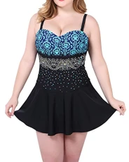 Women's Retro Plus Size Floral Pin UP Ruched Skirtini Tankini SwimSuit UK 16 Navy