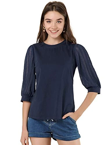 Women's Retro Solid Color Blouse Semi Sheer 3/4 Sleeve Cotton Top Navy M-12